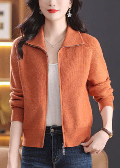 Orange Knit Cardigans Peter Pan Collar Fall