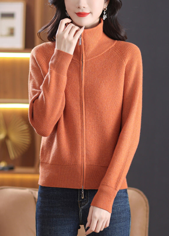 Orange Knit Cardigans Peter Pan Collar Fall