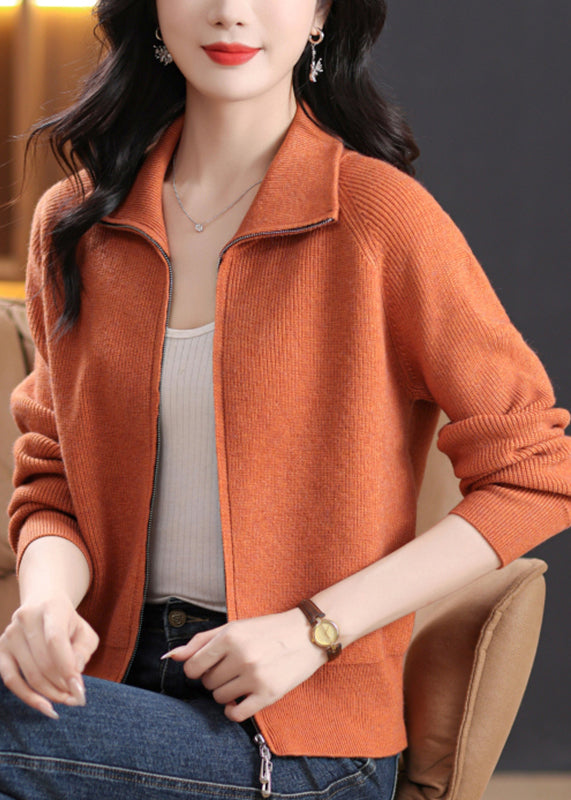 Orange Knit Cardigans Peter Pan Collar Fall