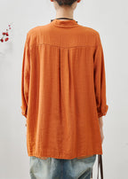 Orange Linen Blouse Top Stand Collar Embroidered Summer