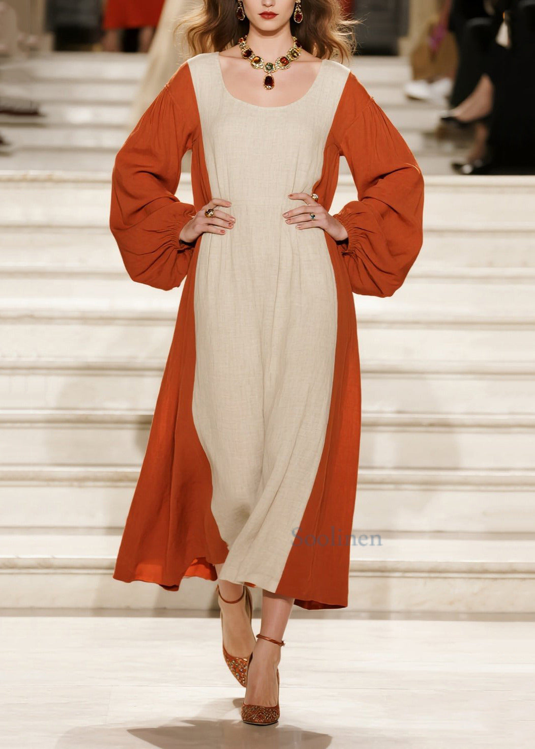 Orange Patchwork Cotton Dress Oversized U Neck Spring