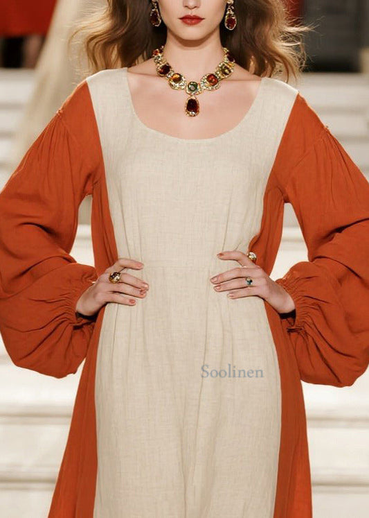 Orange Patchwork Cotton Dress Oversized U Neck Spring