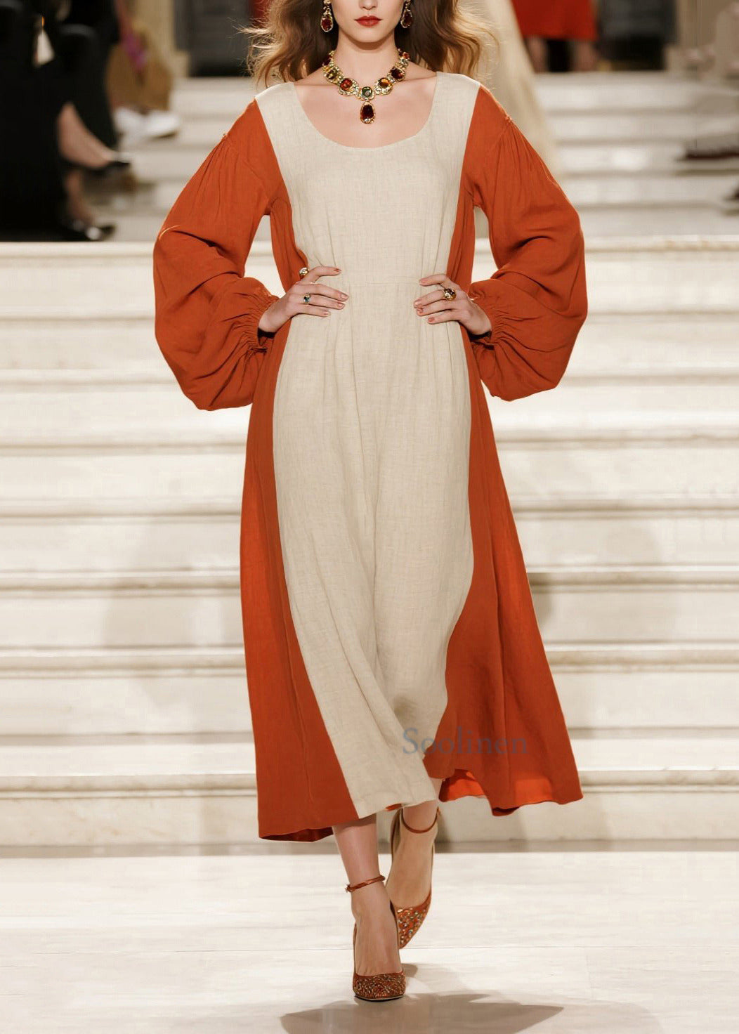 Orange Patchwork Cotton Dress Oversized U Neck Spring