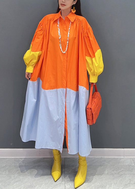 Orange Patchwork Cotton Vacation Dresses Oversized Fall