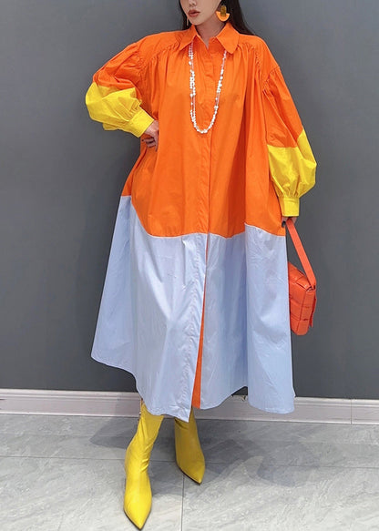 Orange Patchwork Cotton Vacation Dresses Oversized Fall