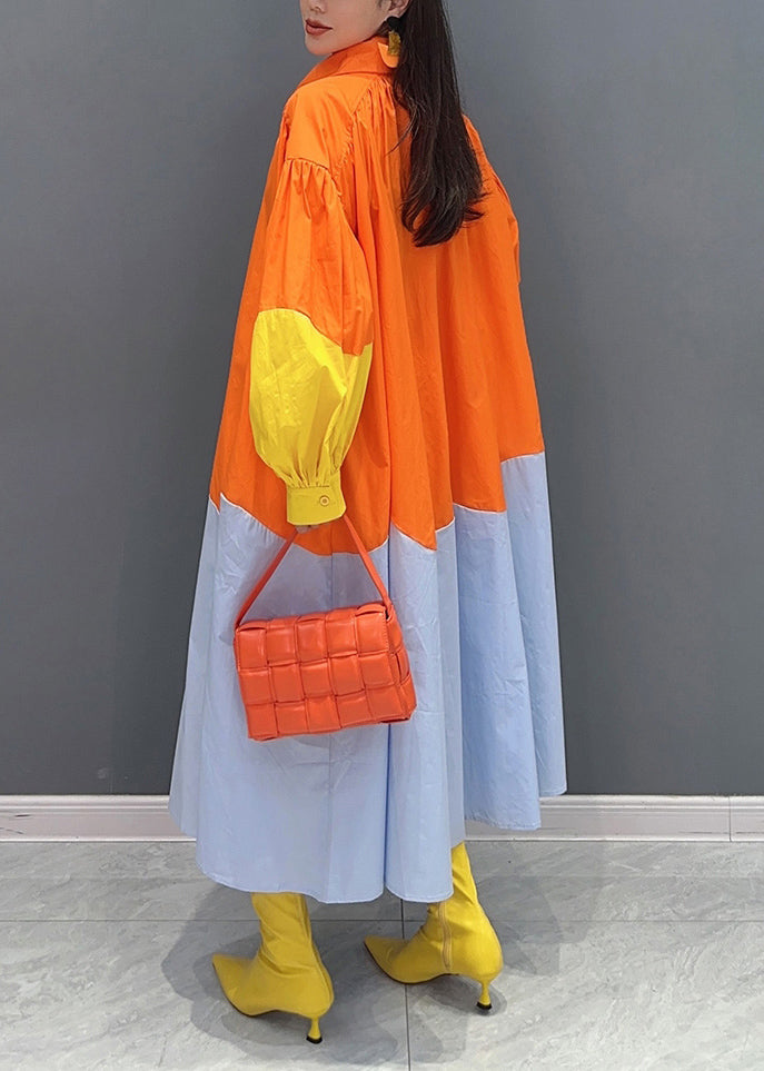 Orange Patchwork Cotton Vacation Dresses Oversized Fall