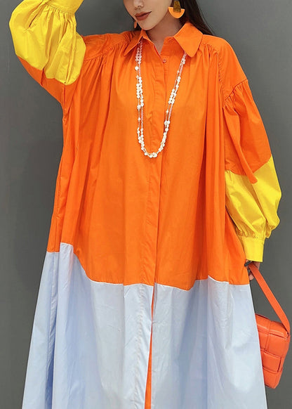 Orange Patchwork Cotton Vacation Dresses Oversized Fall
