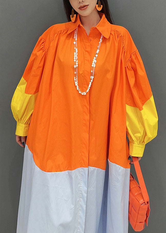 Orange Patchwork Cotton Vacation Dresses Oversized Fall
