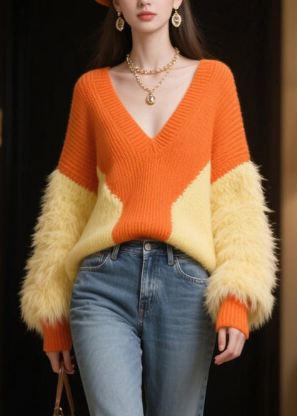 Orange Patchwork Faux Fur Knitted Tops V Neck Winter