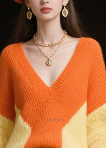 Orange Patchwork Faux Fur Knitted Tops V Neck Winter
