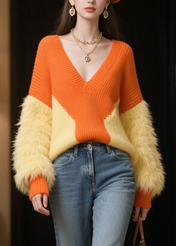 Orange Patchwork Faux Fur Knitted Tops V Neck Winter