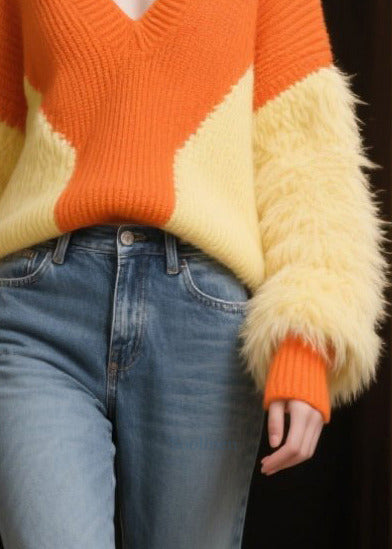 Orange Patchwork Faux Fur Knitted Tops V Neck Winter