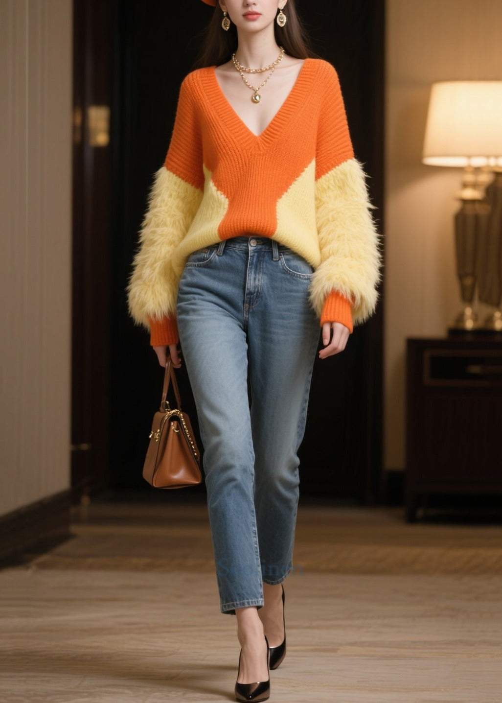 Orange Patchwork Faux Fur Knitted Tops V Neck Winter