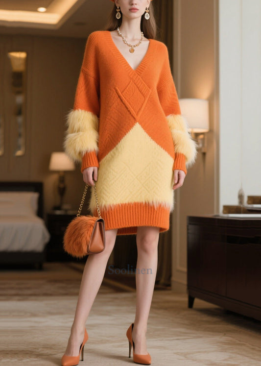 Orange Patchwork Faux Fur Knitwear Dress Oversized Winter