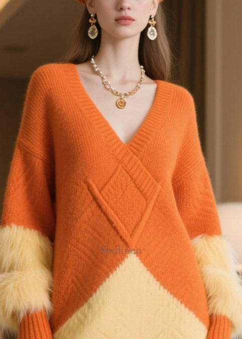 Orange Patchwork Faux Fur Knitwear Dress Oversized Winter
