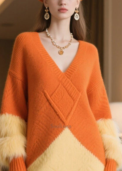 Orange Patchwork Faux Fur Knitwear Dress Oversized Winter