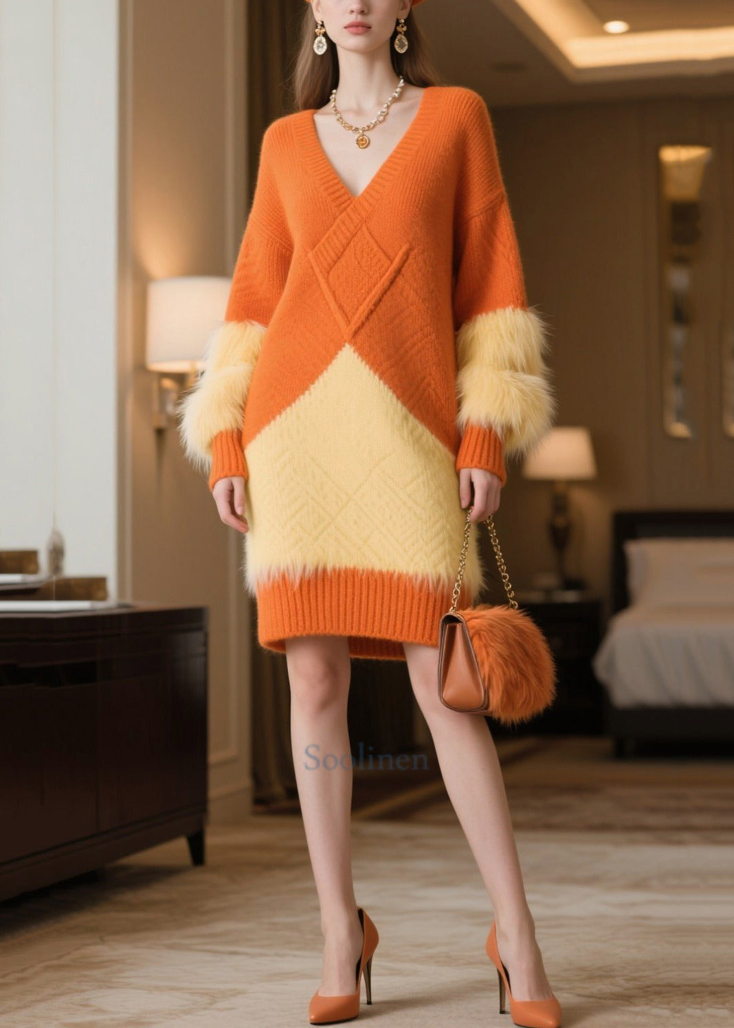 Orange Patchwork Faux Fur Knitwear Dress Oversized Winter