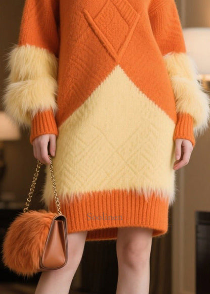 Orange Patchwork Faux Fur Knitwear Dress Oversized Winter