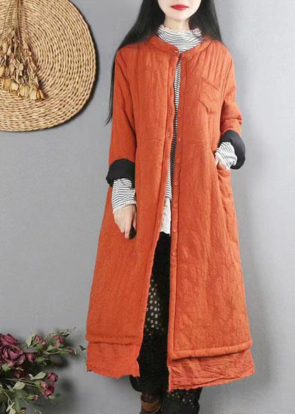 Orange Patchwork Fine Cotton Filled Winter Coats Button Lace