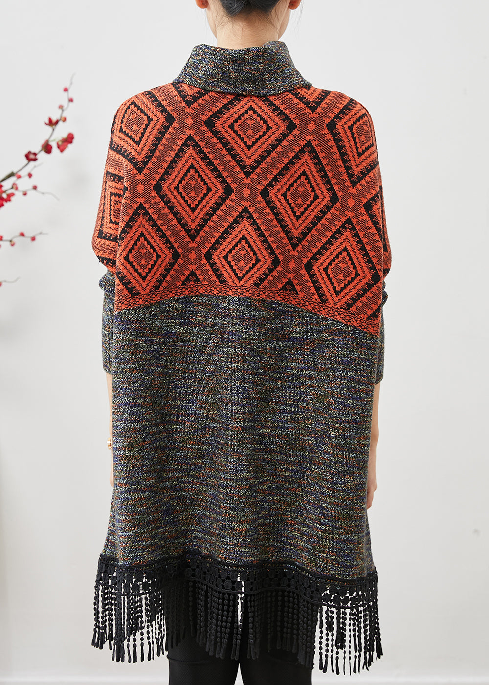 Orange Patchwork Knit Vacation Dresses Turtle Neck Tasseled Spring