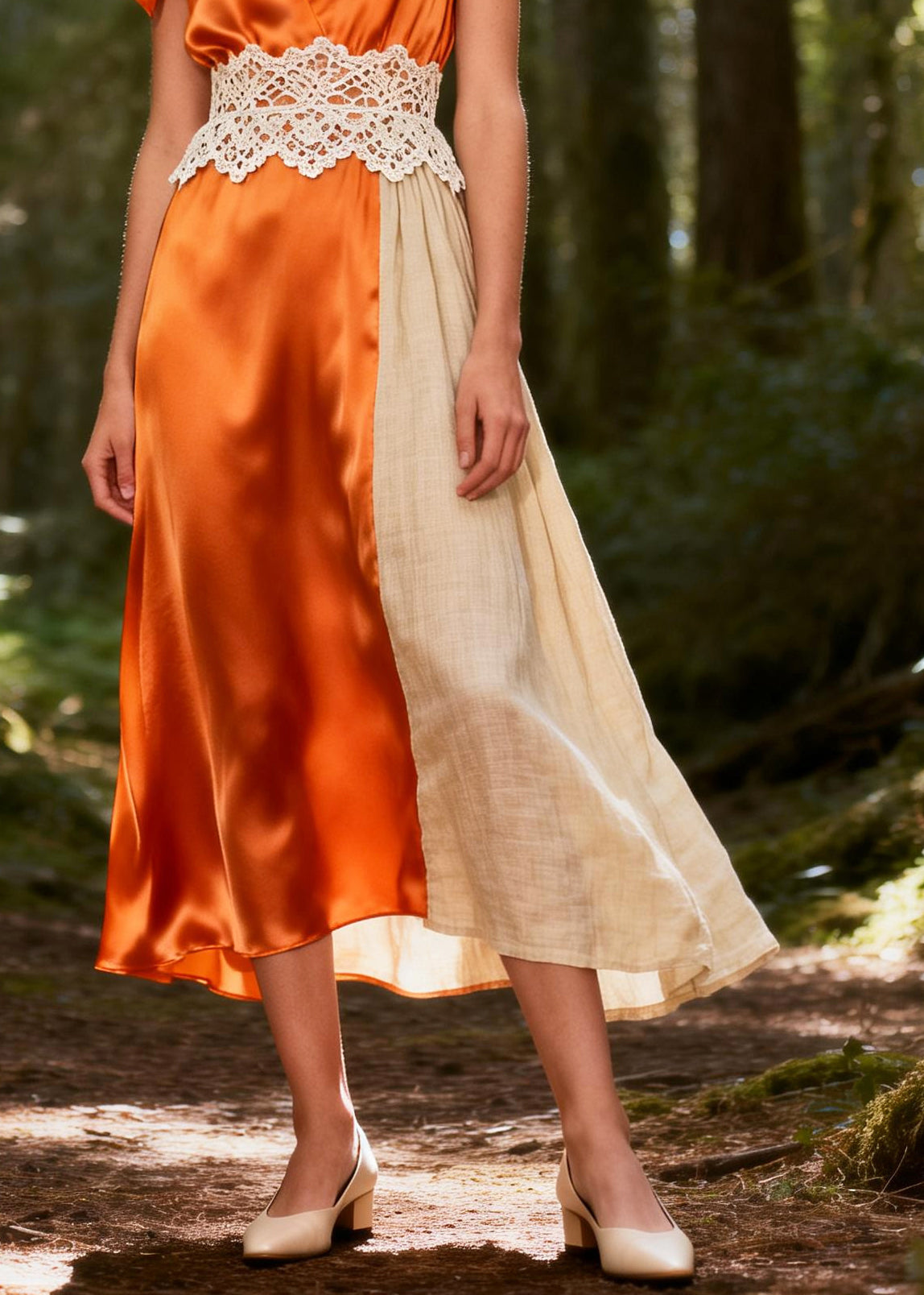 Orange Patchwork Linen Silk Dresses Asymmetrical Summer