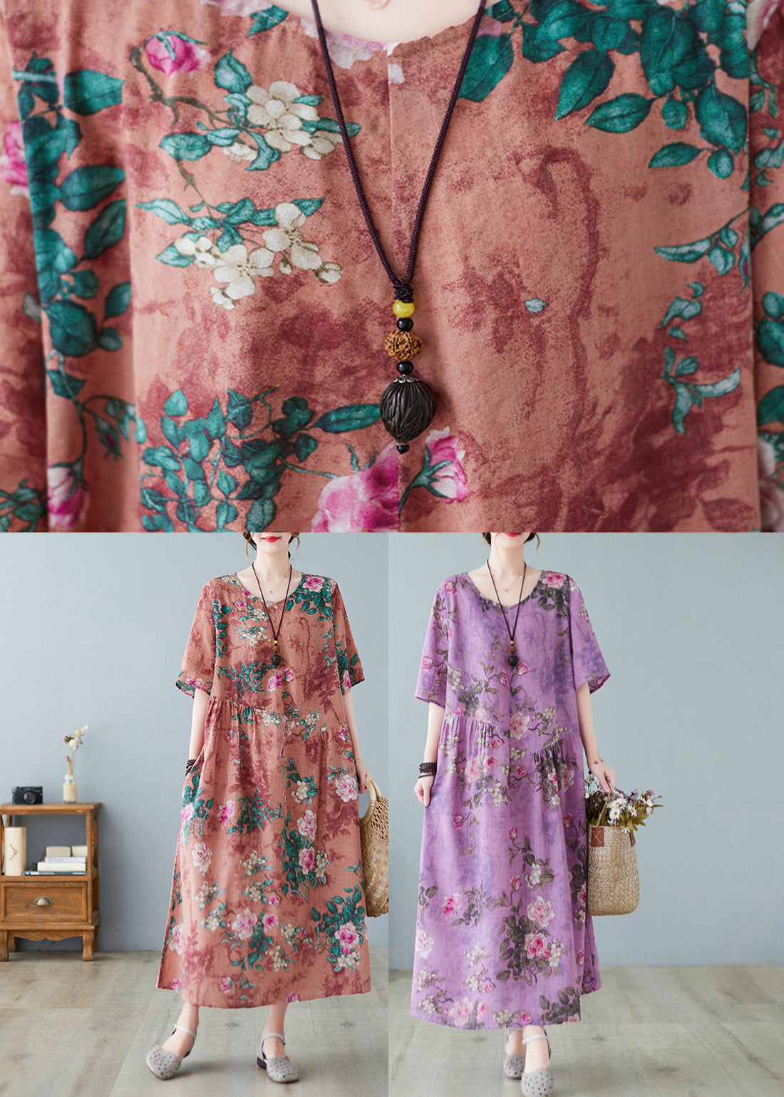 Orange Patchwork Wrinkled Vacation Long Dresses Half Sleeve