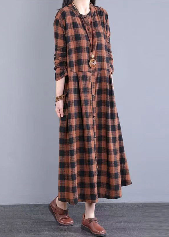 Orange Plaid Patchwork Cotton Dress Stand Collar Pockets Fall