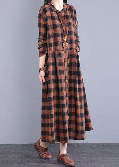 Orange Plaid Patchwork Cotton Dress Stand Collar Pockets Fall