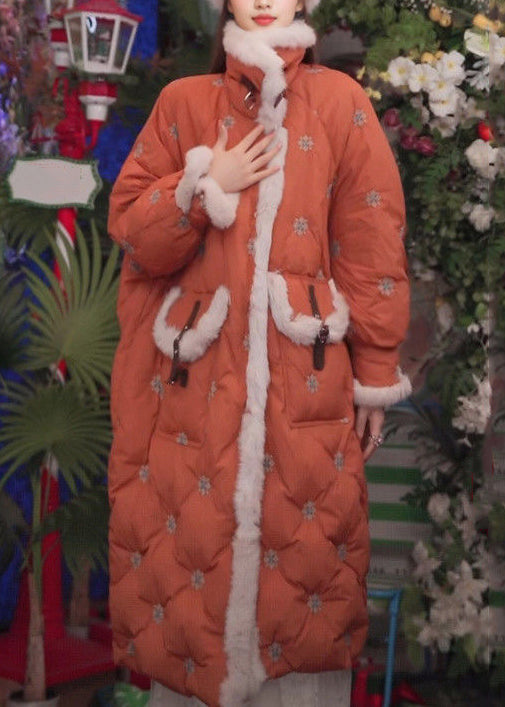Orange Pockets Rabbit Hair Patchwork Cotton Filled Parkas Embroidered