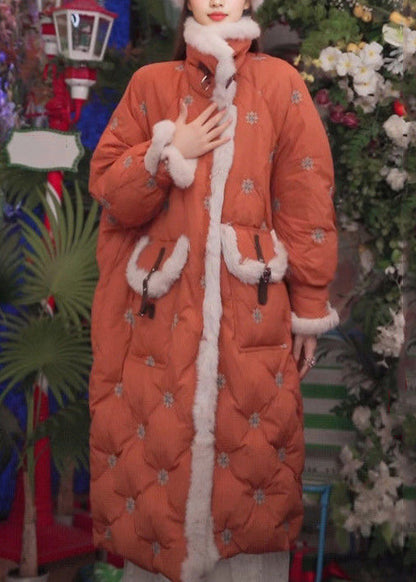 Orange Pockets Rabbit Hair Patchwork Cotton Filled Parkas Embroidered