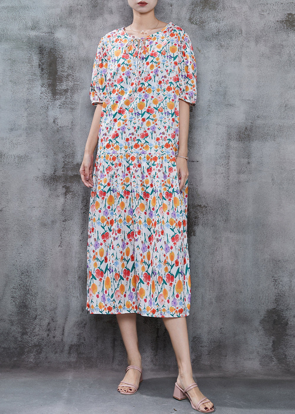 Orange Print Chiffon Long Dress Oversized Summer