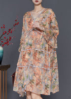 Orange Print Chiffon Party Dress V Neck Flare Sleeve