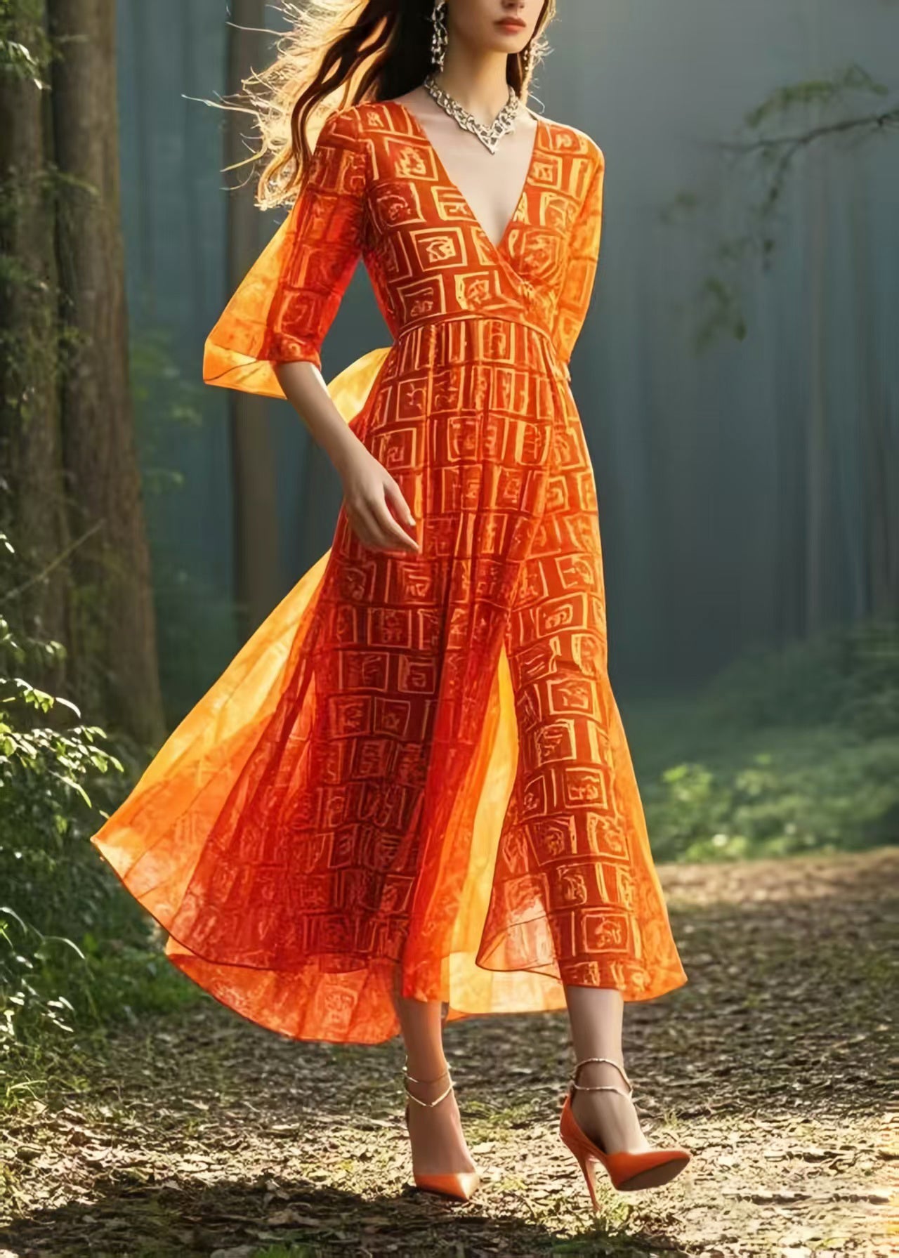 Orange Print Chiffon Robe Dresses V Neck Summer