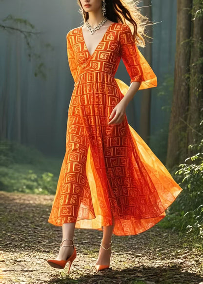 Orange Print Chiffon Robe Dresses V Neck Summer