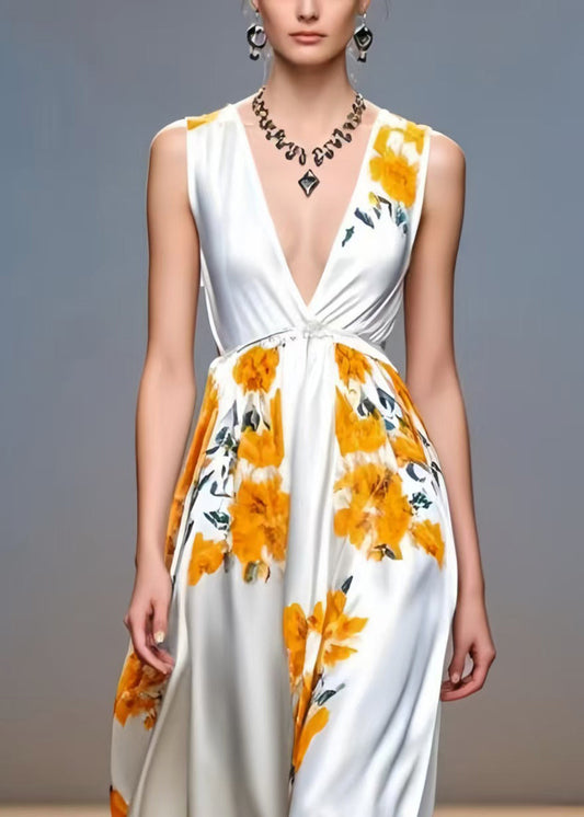 Orange Print Draping Silk Sundresses Deep-V Neck Sleeveless