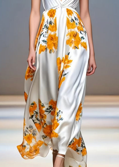 Orange Print Draping Silk Sundresses Deep-V Neck Sleeveless