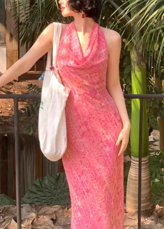 Orange Print Hollow Out Long Dress Sleeveless