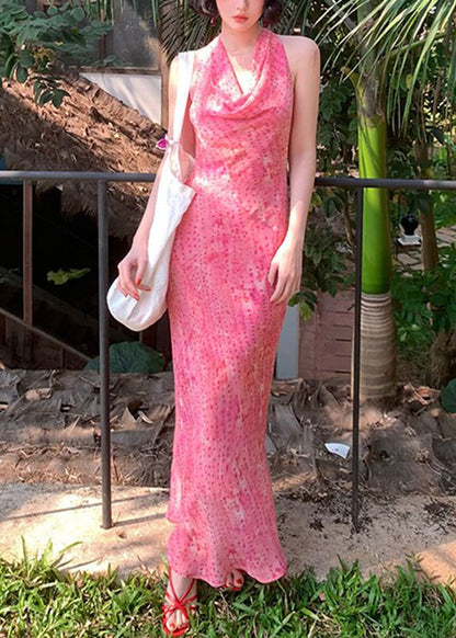Orange Print Hollow Out Long Dress Sleeveless