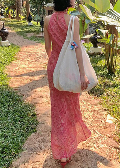 Orange Print Hollow Out Long Dress Sleeveless