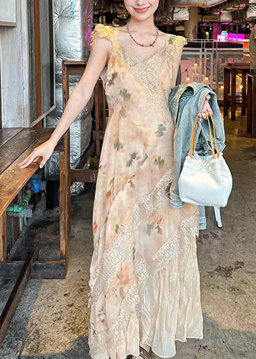 Orange Print Lace Patchwork Cotton Long Dress V Neck Summer