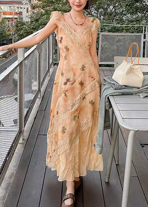 Orange Print Lace Patchwork Cotton Long Dress V Neck Summer