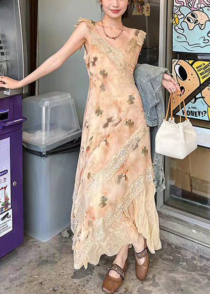 Orange Print Lace Patchwork Cotton Long Dress V Neck Summer