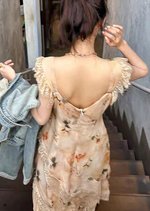 Orange Print Lace Patchwork Cotton Long Dress V Neck Summer