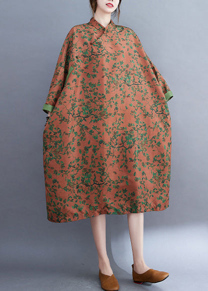 Orange Print Linen Long Dress Oversized Mandarin Collar Spring