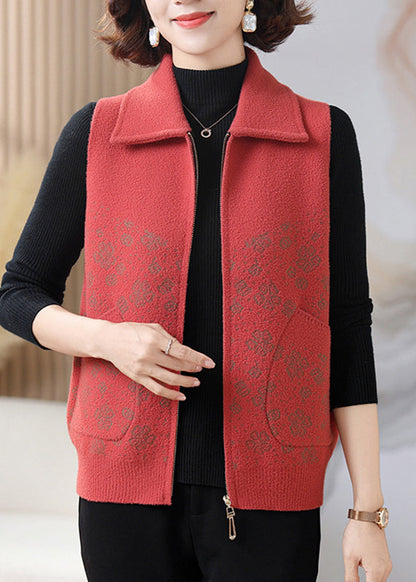 Orange Print Patchwork Zippered Knit Waistcoat Fall