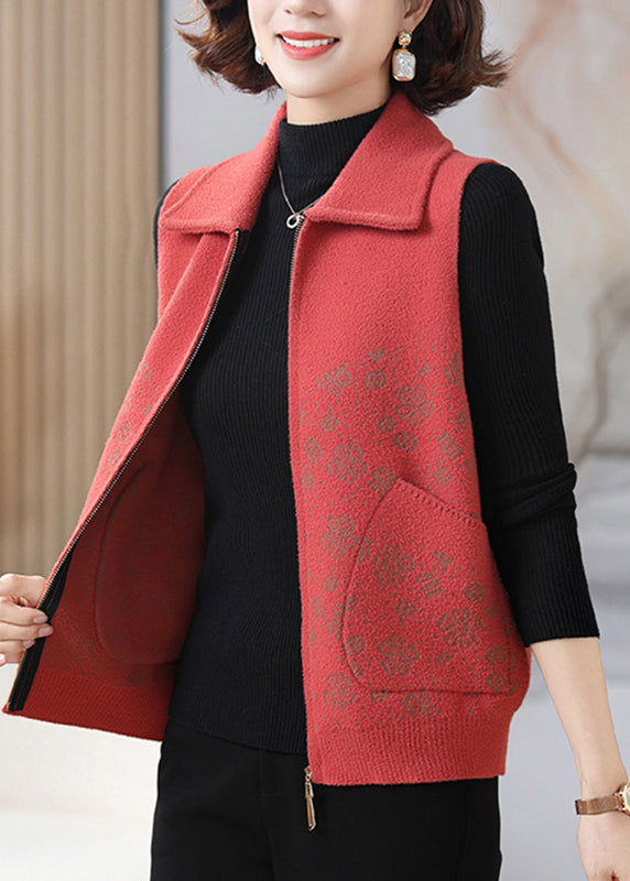 Orange Print Patchwork Zippered Knit Waistcoat Fall