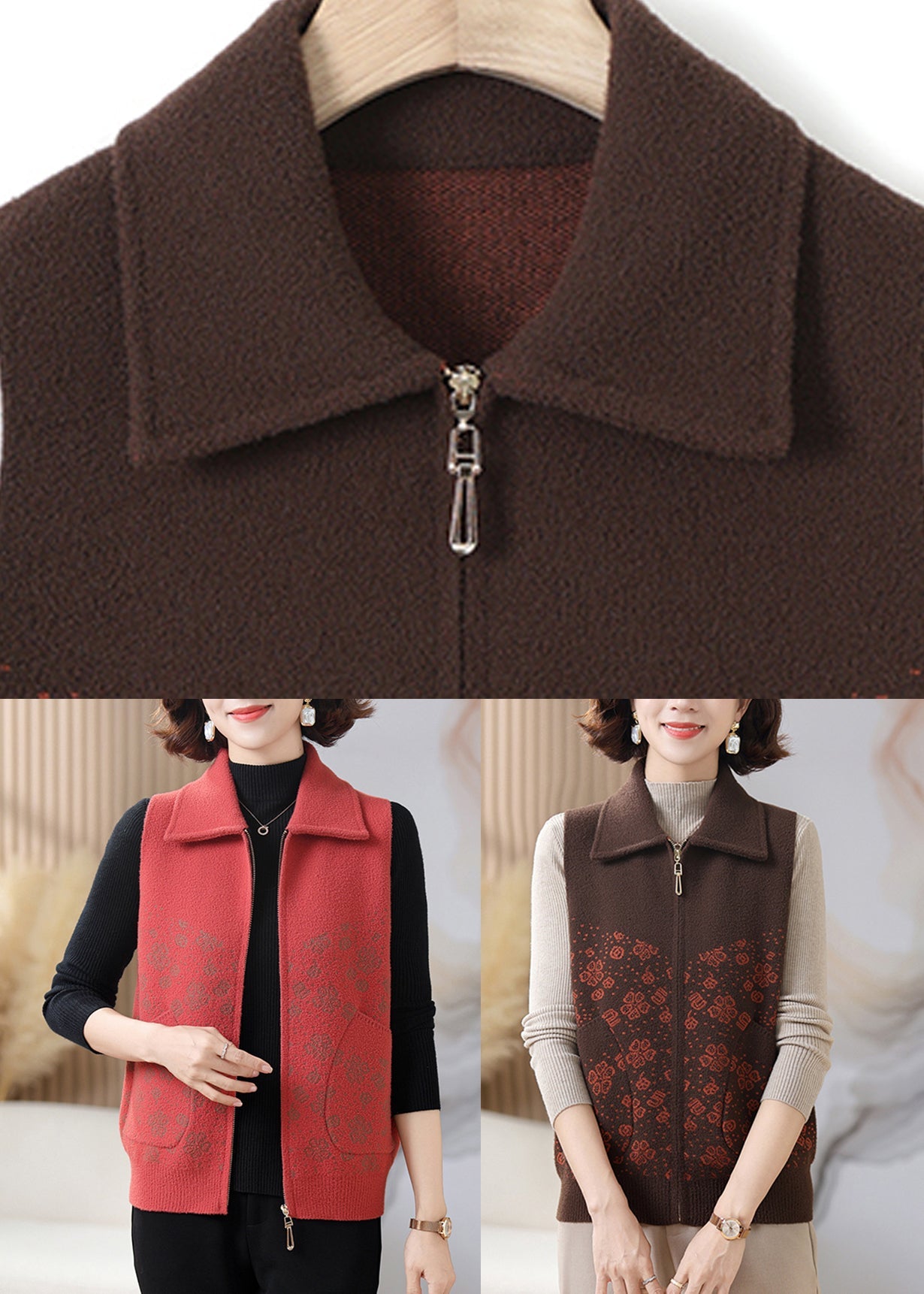 Orange Print Patchwork Zippered Knit Waistcoat Fall