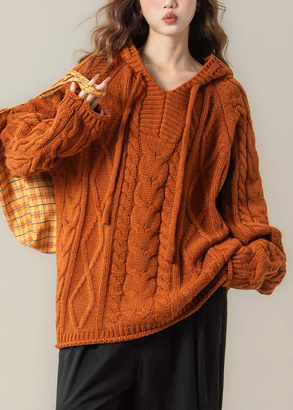 Orange Solid Oversized Cable Knit Spring Top Hooded
