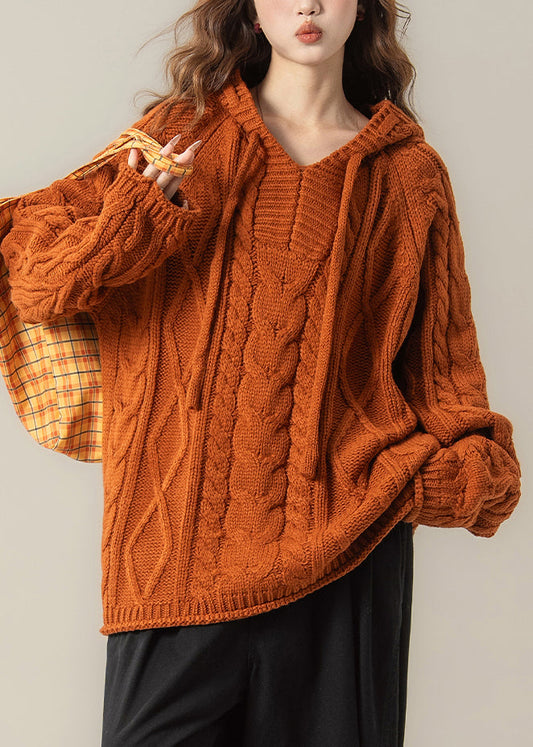 Orange Solid Oversized Cable Knit Spring Top Hooded