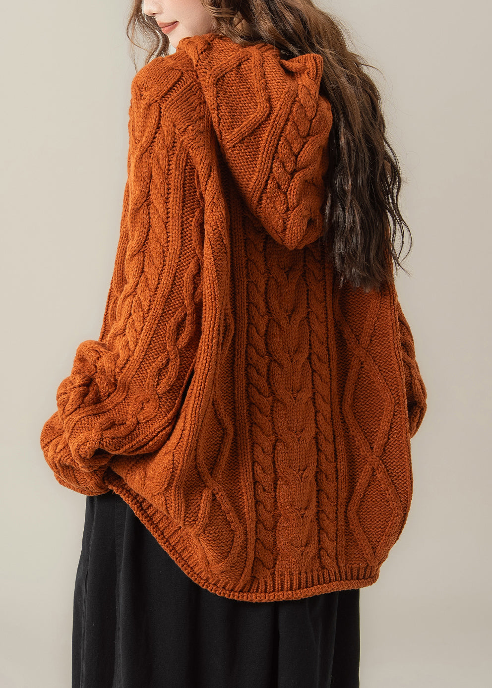 Orange Solid Oversized Cable Knit Spring Top Hooded